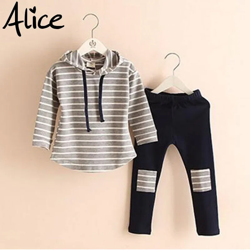 Classic Striped Baby Girl Clothing Set Spring Retail 2Pcs Hooded Sweatshirts Leggings Pants Girls Clothes Sets Casual Kids Suits