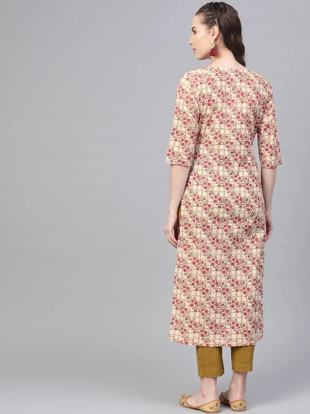 Cream & Multi Floral Printed Kurta With Solid Olive Green Pants