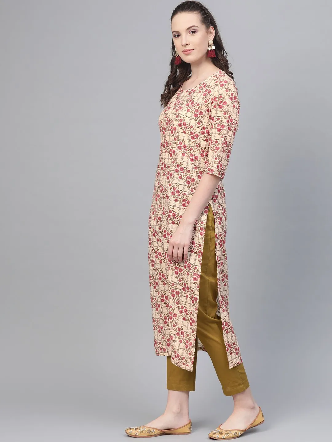 Cream & Multi Floral Printed Kurta With Solid Olive Green Pants