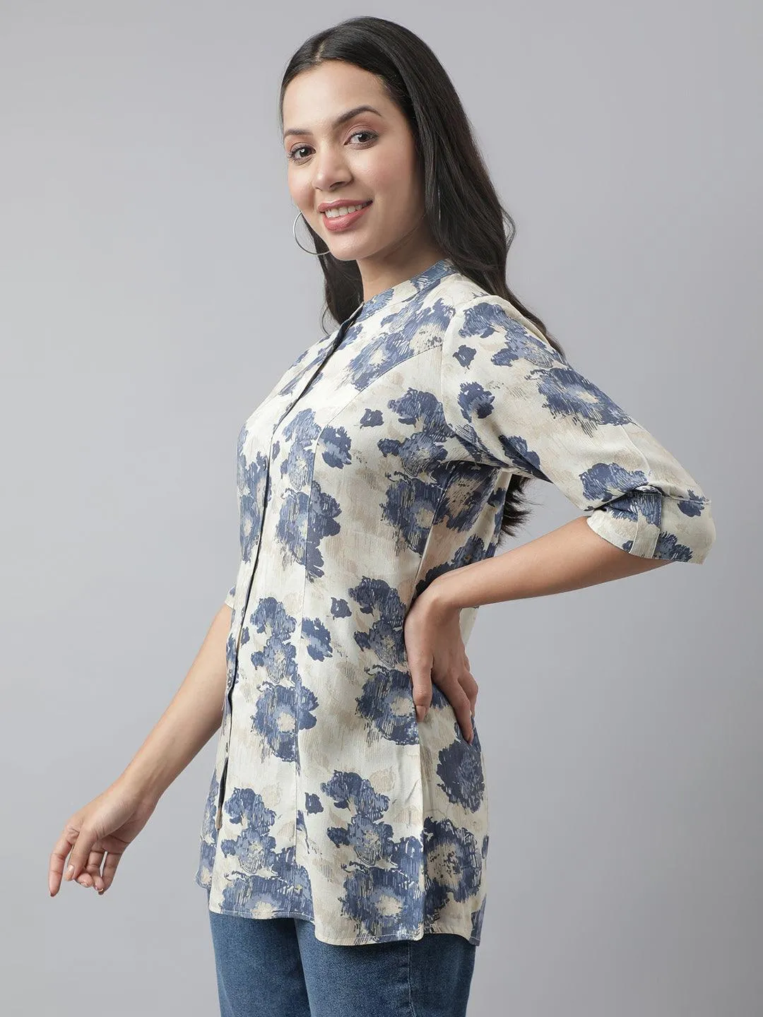 Cream Floral Printed Rayon A-Line Shirt Style Top