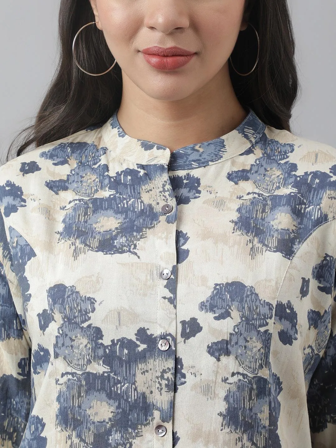 Cream Floral Printed Rayon A-Line Shirt Style Top