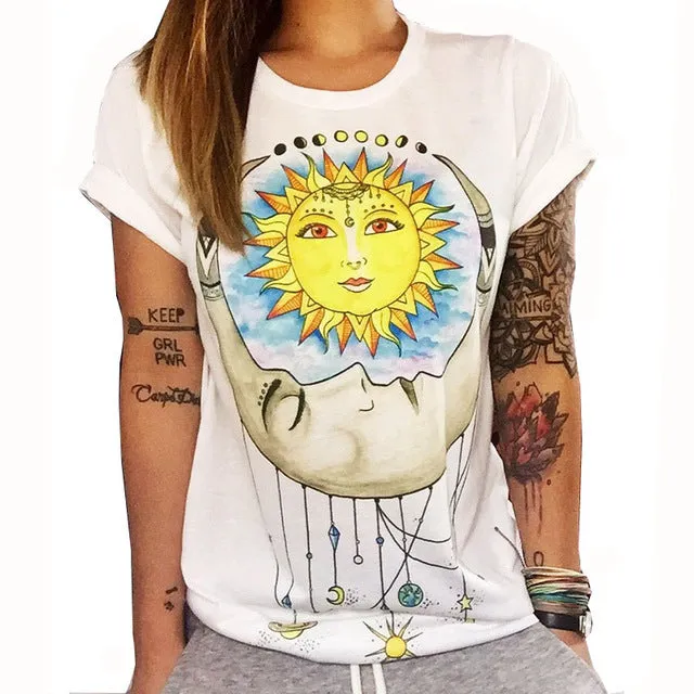 CWLSP 2017 Summer Colorful Printed T shirt Women Fashion Letter Short Sleeve O neck Chic Cotton T-shirts Female QL2115