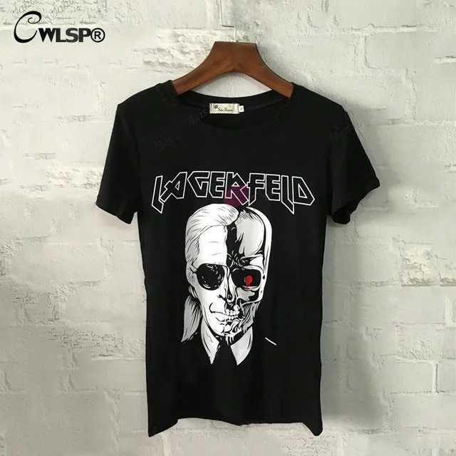 CWLSP Women LAGERFELD Letter T-shirt 2017 New Skull Printed Black Punk Cotton T Shirts Womens Tops Brand Size Tee Top QA925