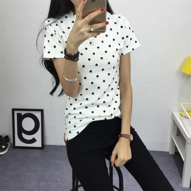 Dandeqi 2017 Summer Women's T-shirt Casual Clothes Girls Tops O-neck Polka Dotted Printed T-shirt For Lady Short Sleeves Tees