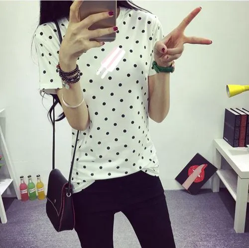 Dandeqi 2017 Summer Women's T-shirt Casual Clothes Girls Tops O-neck Polka Dotted Printed T-shirt For Lady Short Sleeves Tees