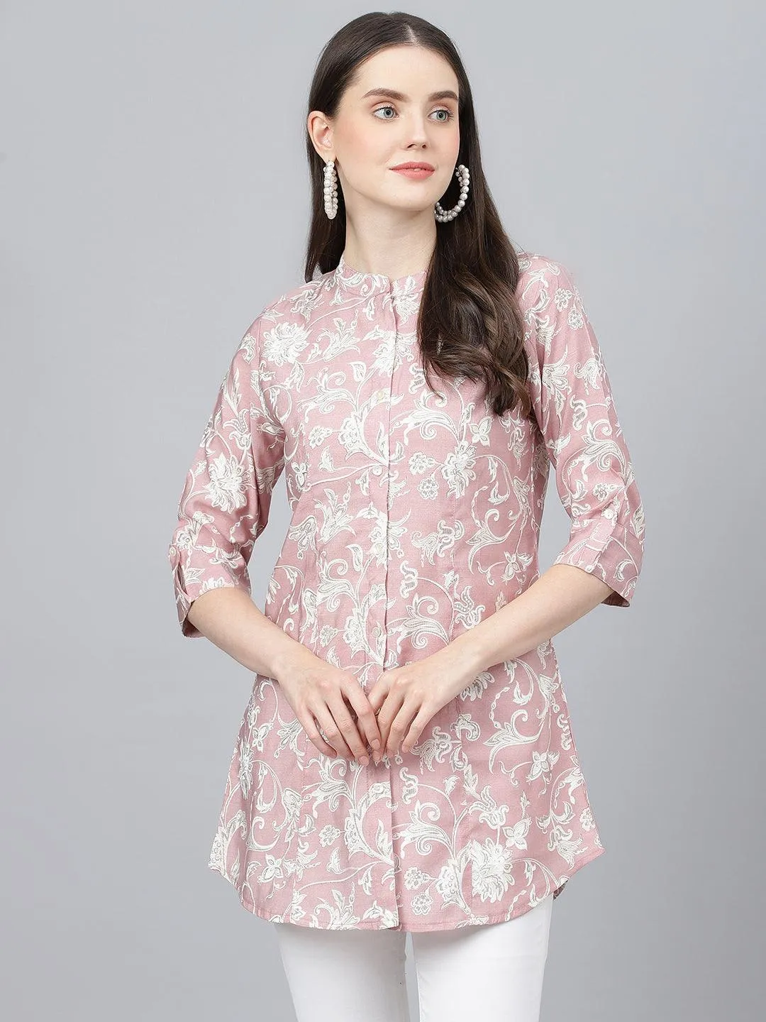 Dusty Pink Floral Printed Modal A-Line Shirts Style Top