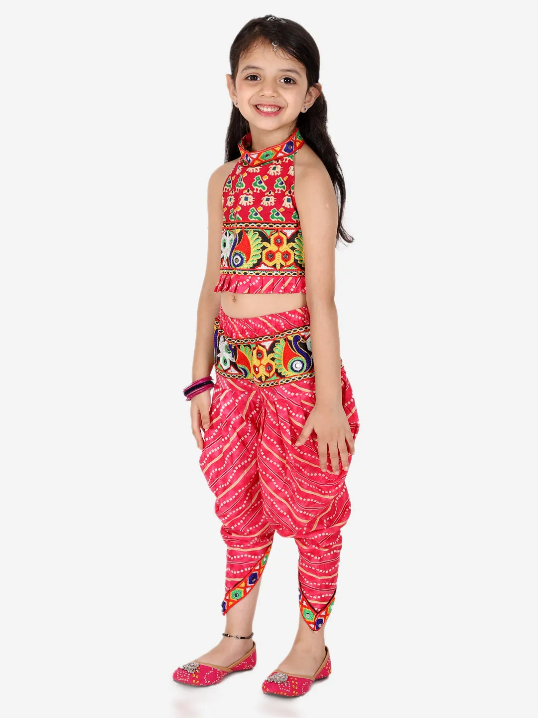 Ethnic Festive Wear Girls Halter Neck Printed Cotton Choli With Dhoti Indo Western Clothing Sets-Pink