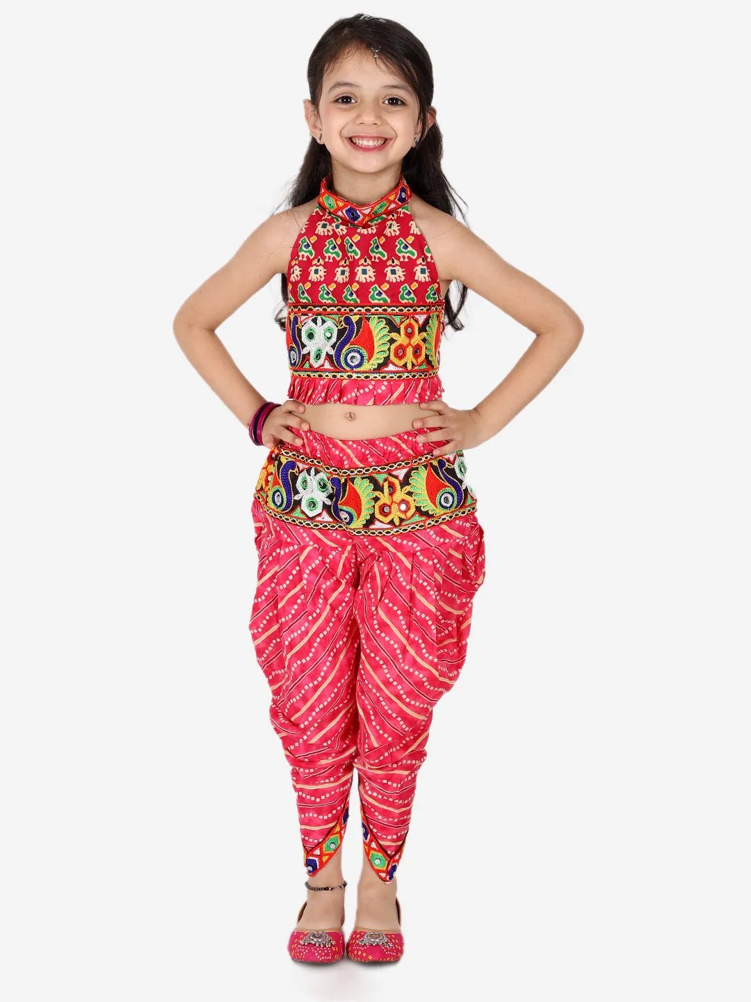 Ethnic Festive Wear Girls Halter Neck Printed Cotton Choli With Dhoti Indo Western Clothing Sets-Pink