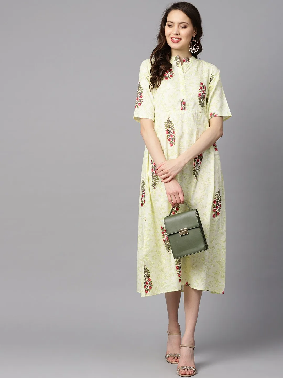 Floral Printed Dress With Side Pleats