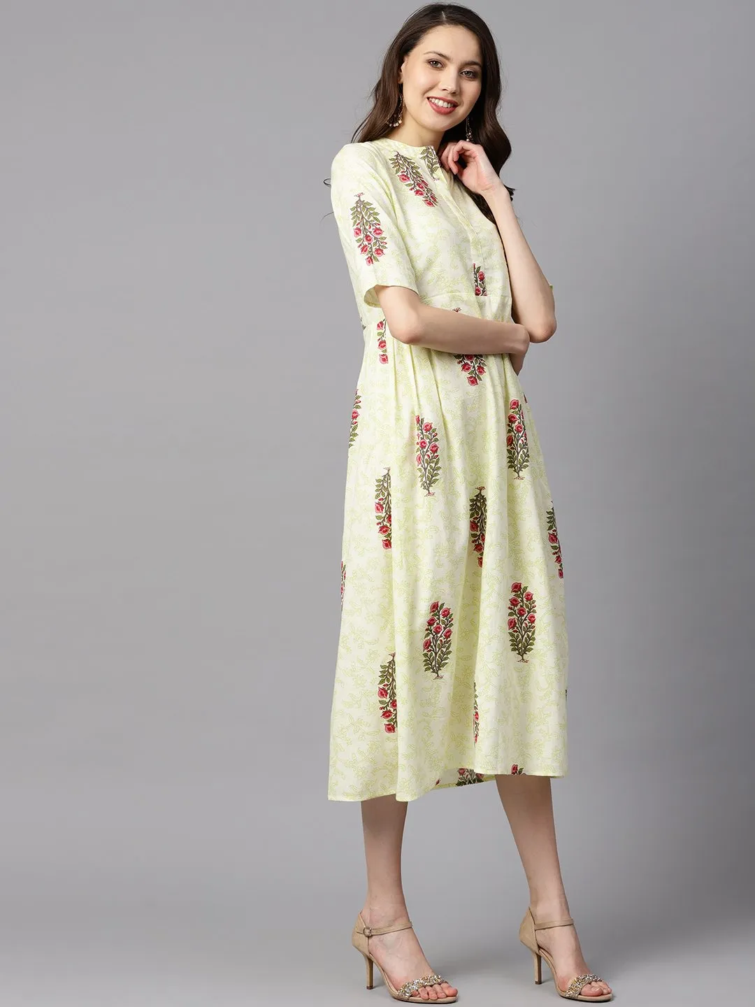 Floral Printed Dress With Side Pleats