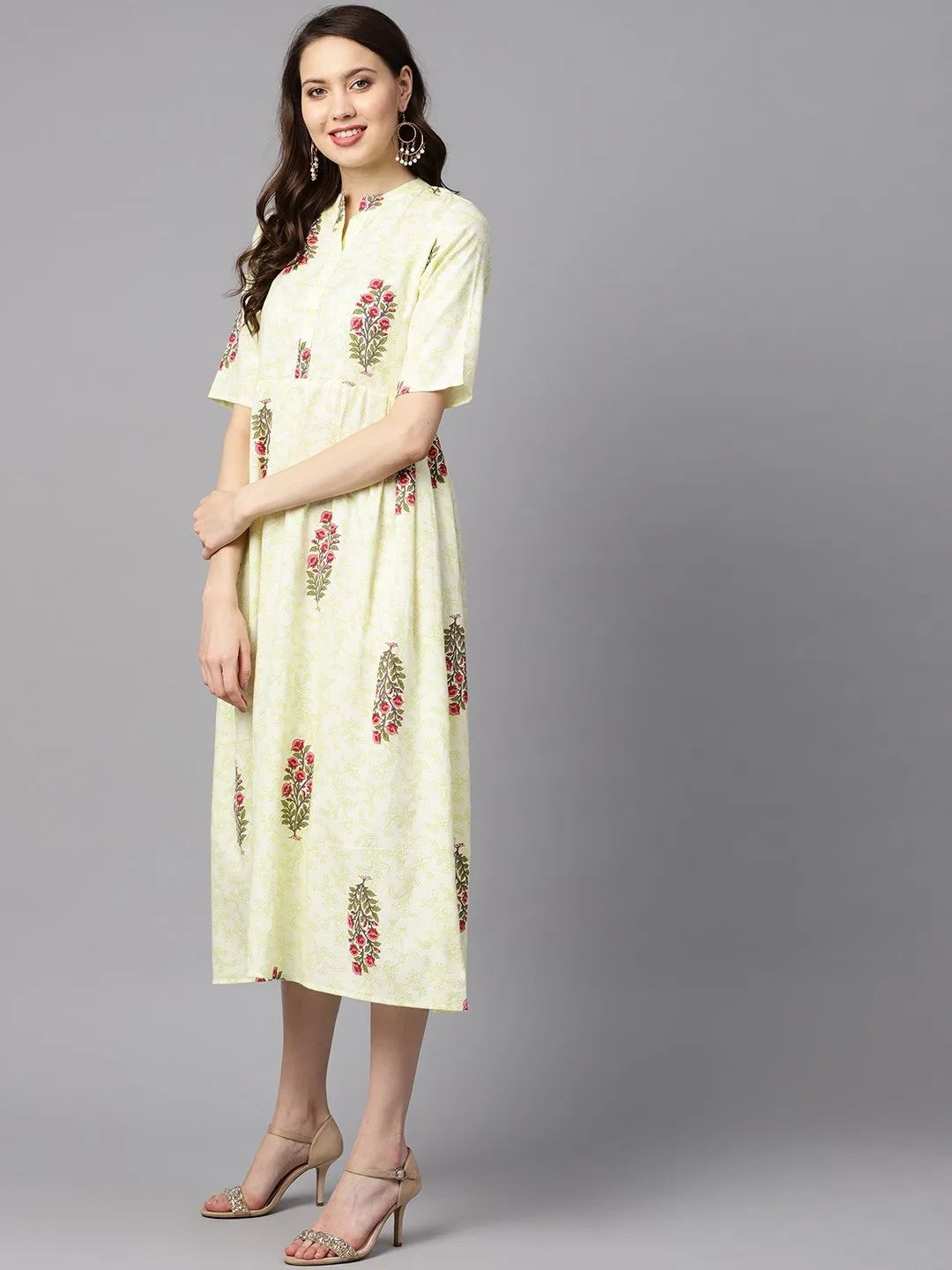 Floral Printed Dress With Side Pleats