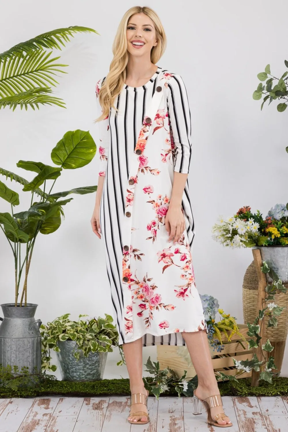 Floral Striped Contrast Midi-Dress with Pockets