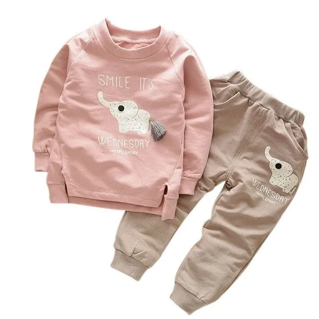 Foe Kids Clothes Autumn/Winter Baby Boys Girls Cartoon Elephant Cotton Set Children Clothing Sets Child T-Shirt Pants Suit