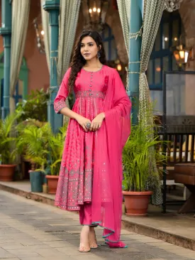 Fuchsia Ethnic Motif Printed Satin Flared Kurta Set With Mirror Work & Lace