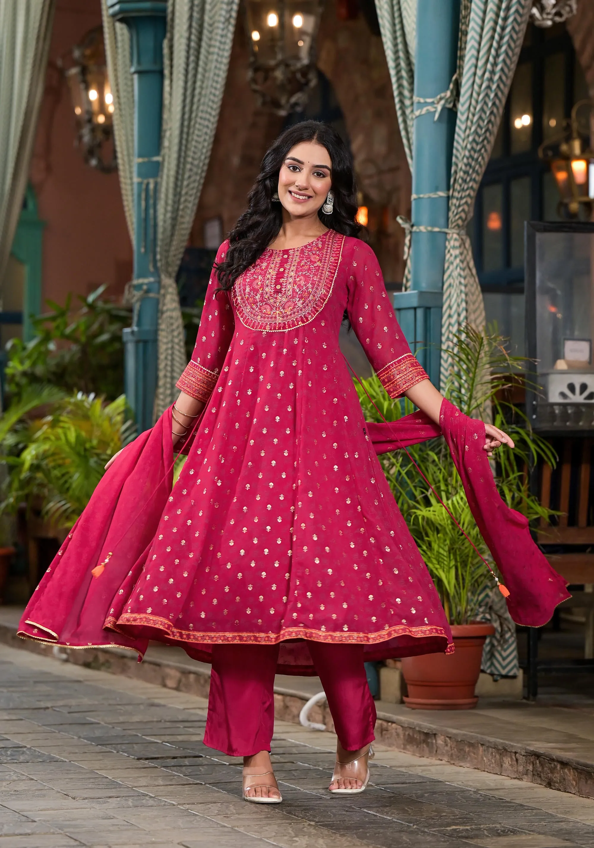 Fuchsia Floral Printed Georgette Kurta Pant And Dupatta Set With Zari Work & Sequins