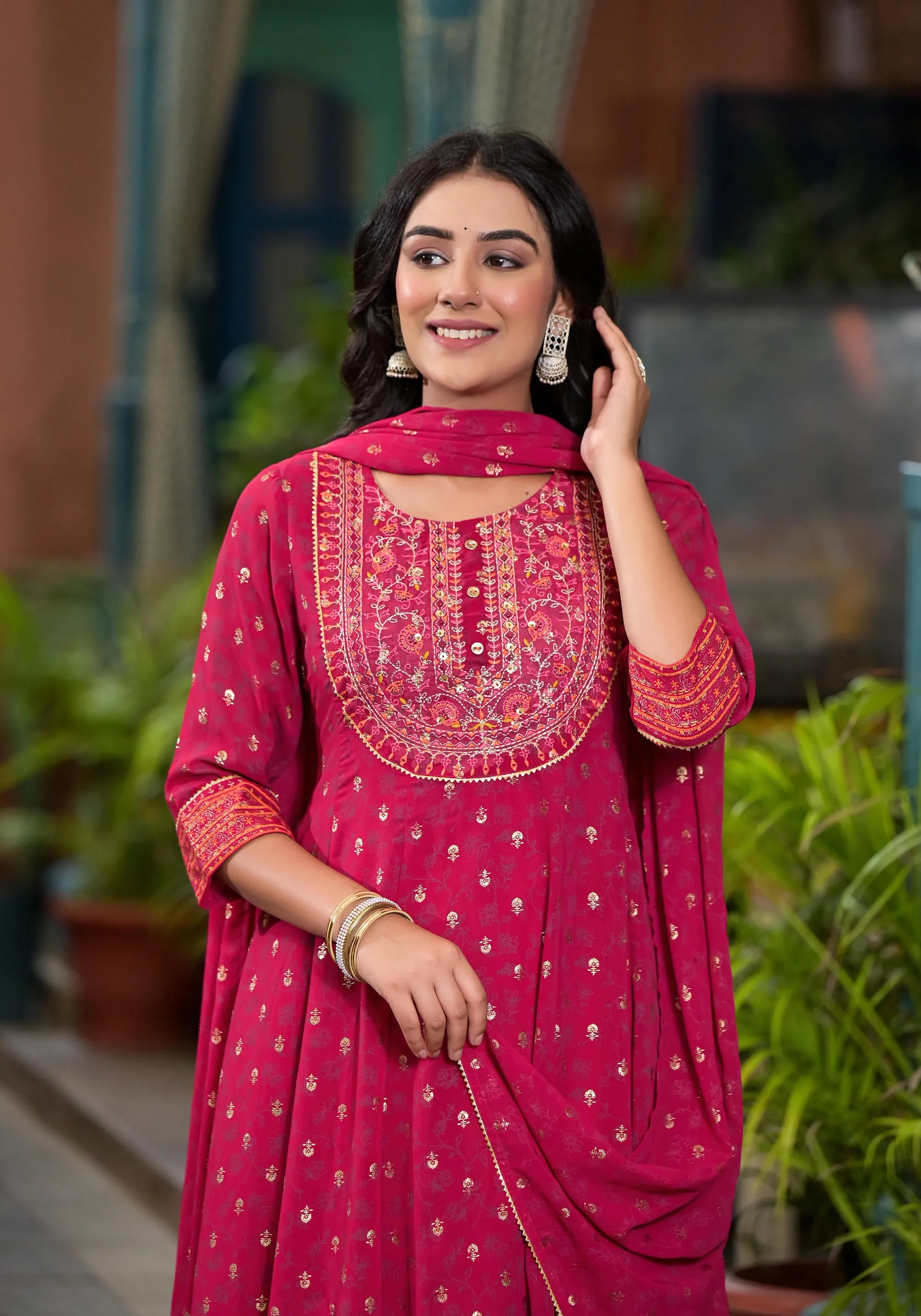 Fuchsia Floral Printed Georgette Kurta Pant And Dupatta Set With Zari Work & Sequins