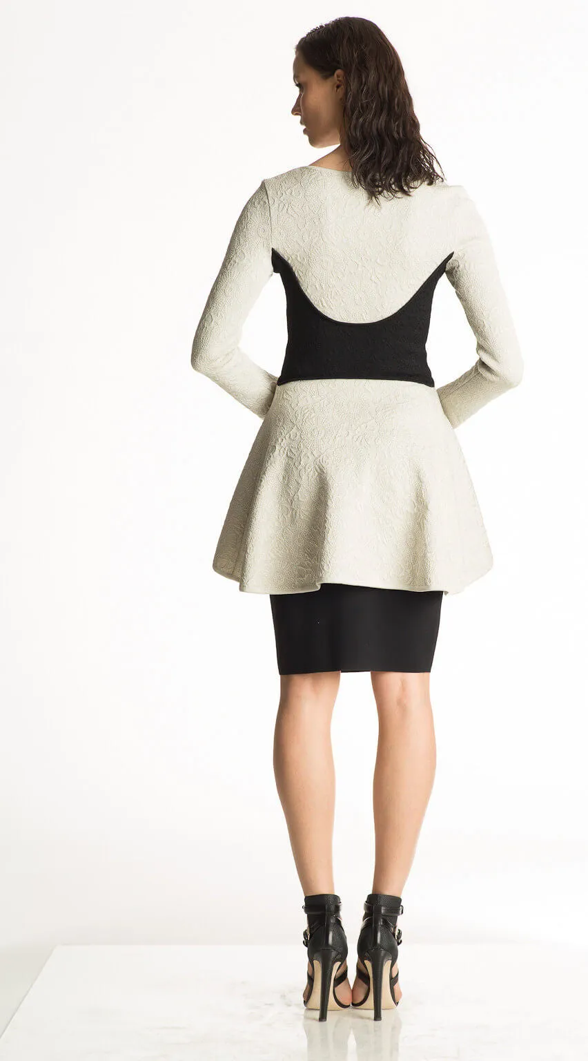 Gabriella - Matelasse Knit, Platinum White Peplum Jacket with Black Waist