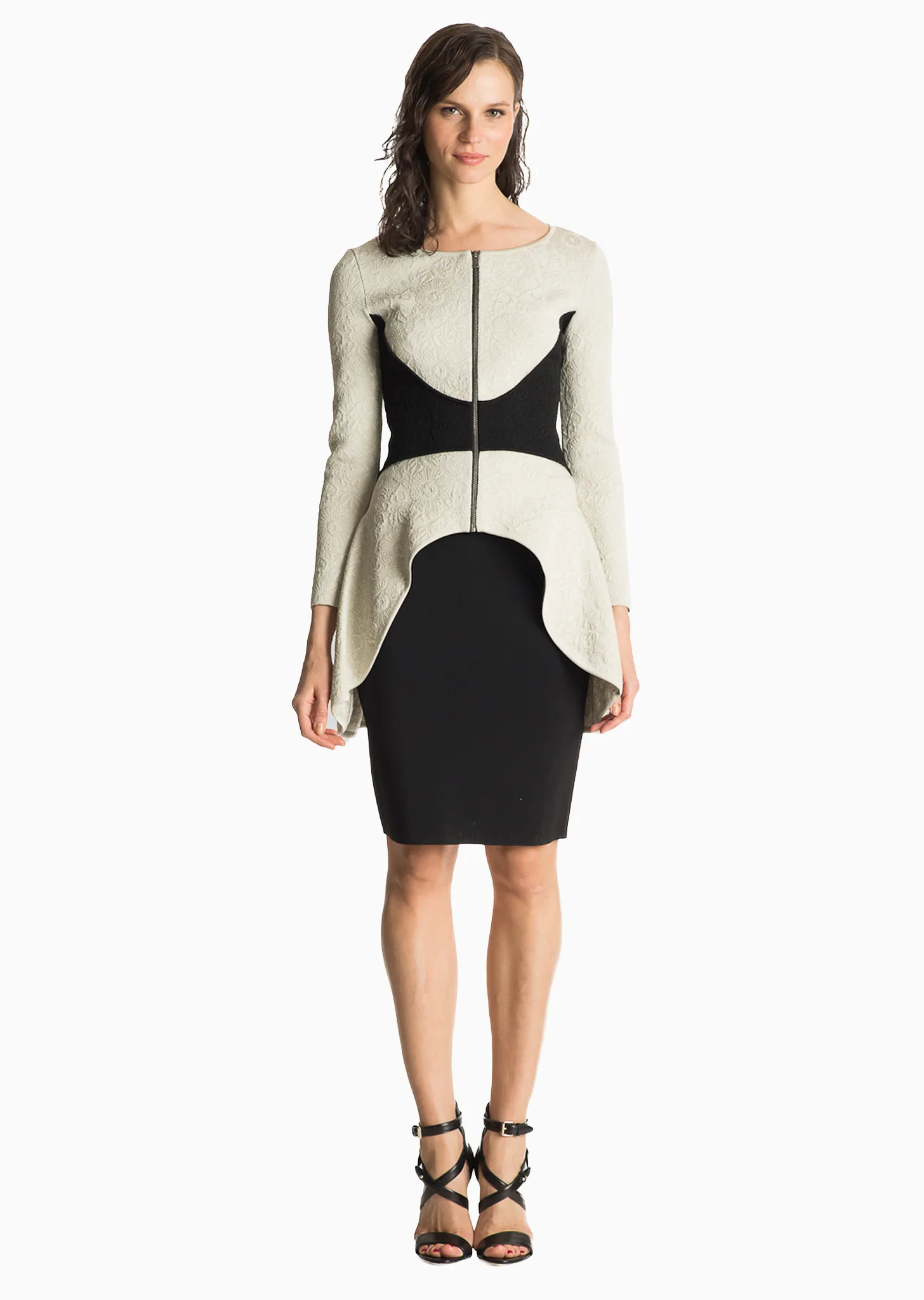 Gabriella - Matelasse Knit, Platinum White Peplum Jacket with Black Waist