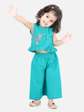 Girls Cotton Bird Embroidered Top Palazzo indo Western Clothing -Green