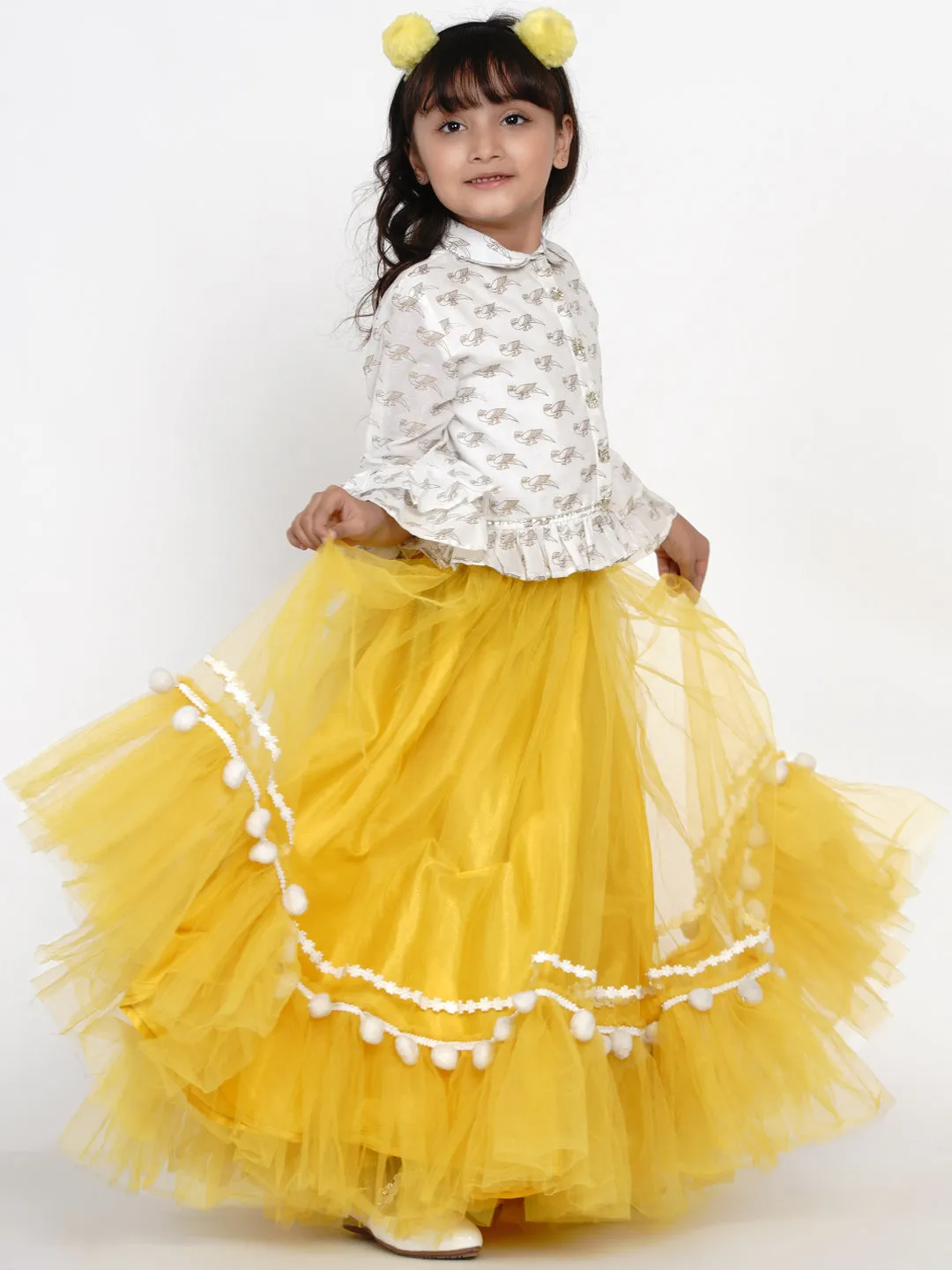 Girls Off White & Yellow Block Printed Cotton Shirt With Skirt