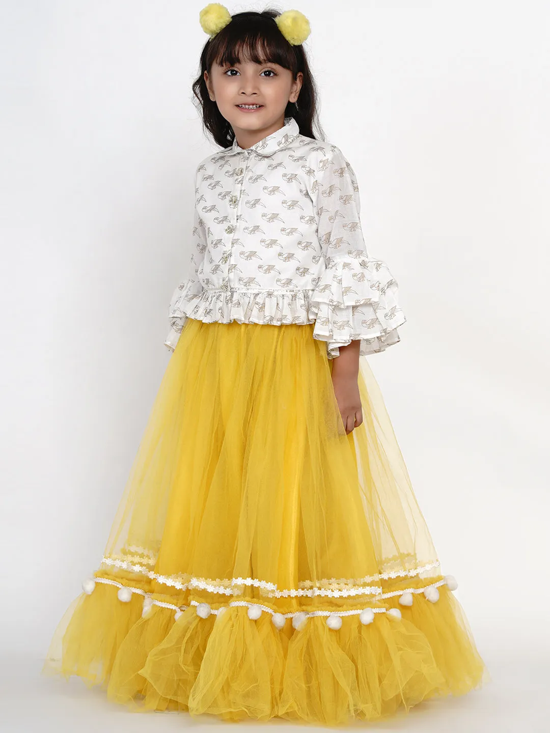 Girls Off White & Yellow Block Printed Cotton Shirt With Skirt