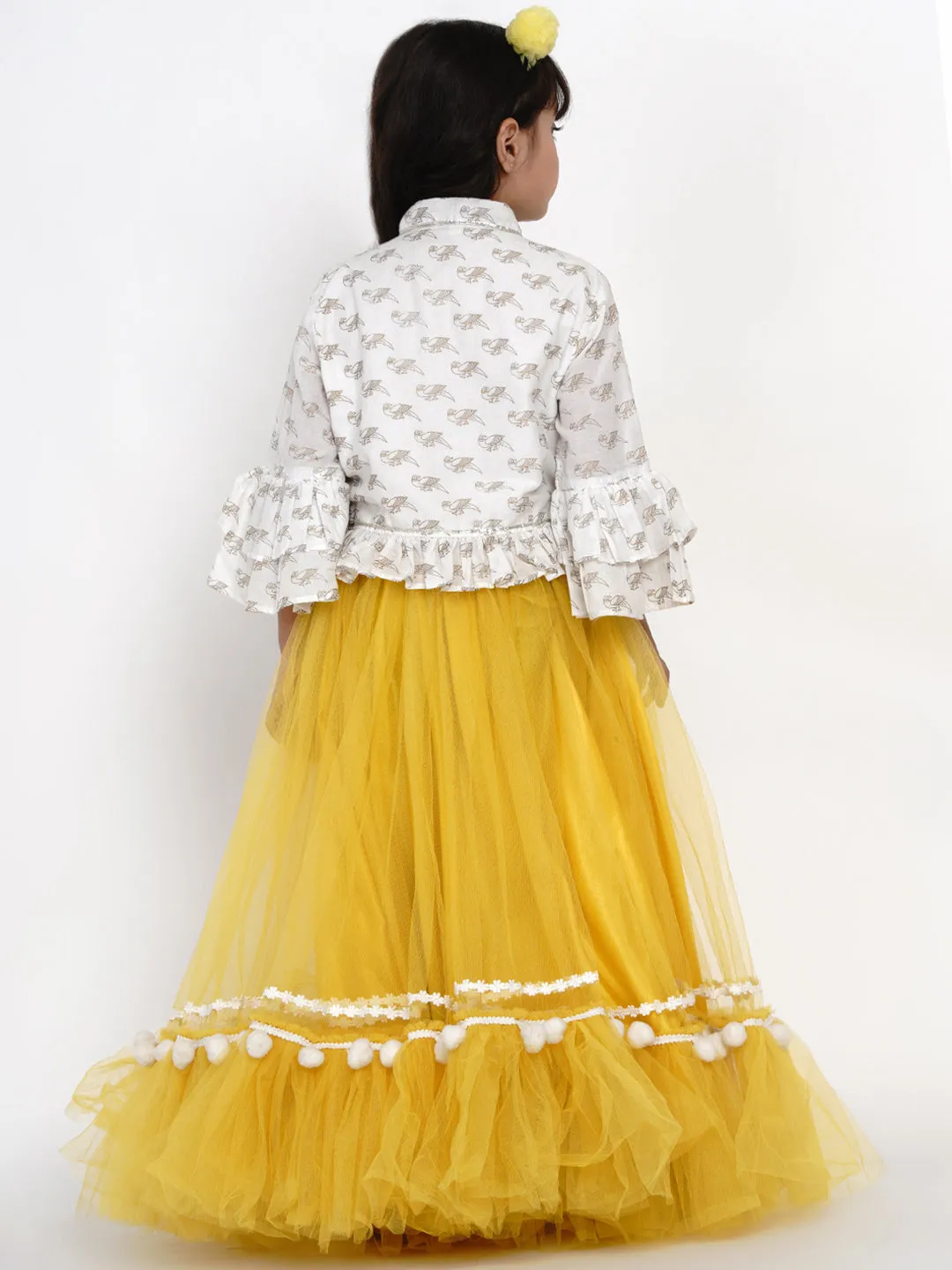 Girls Off White & Yellow Block Printed Cotton Shirt With Skirt