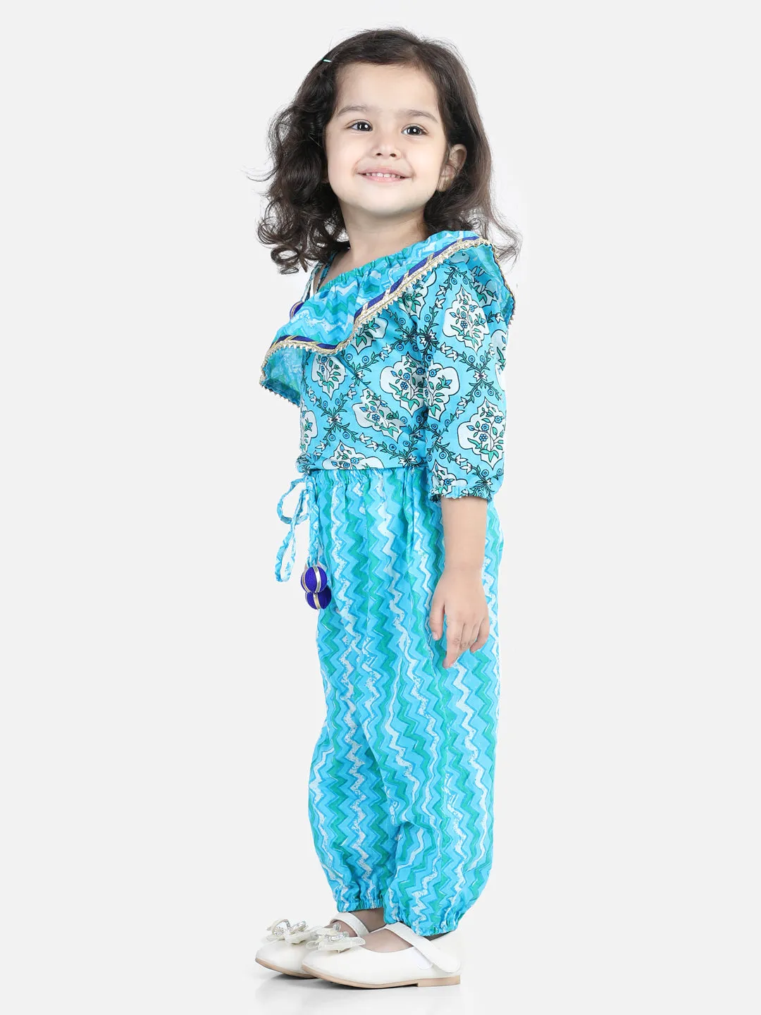 Girls Printed One Sleeve Ruffle Pure Cotton Top with Harem pant Co Ords Indo Western Clothing Sets - Blue