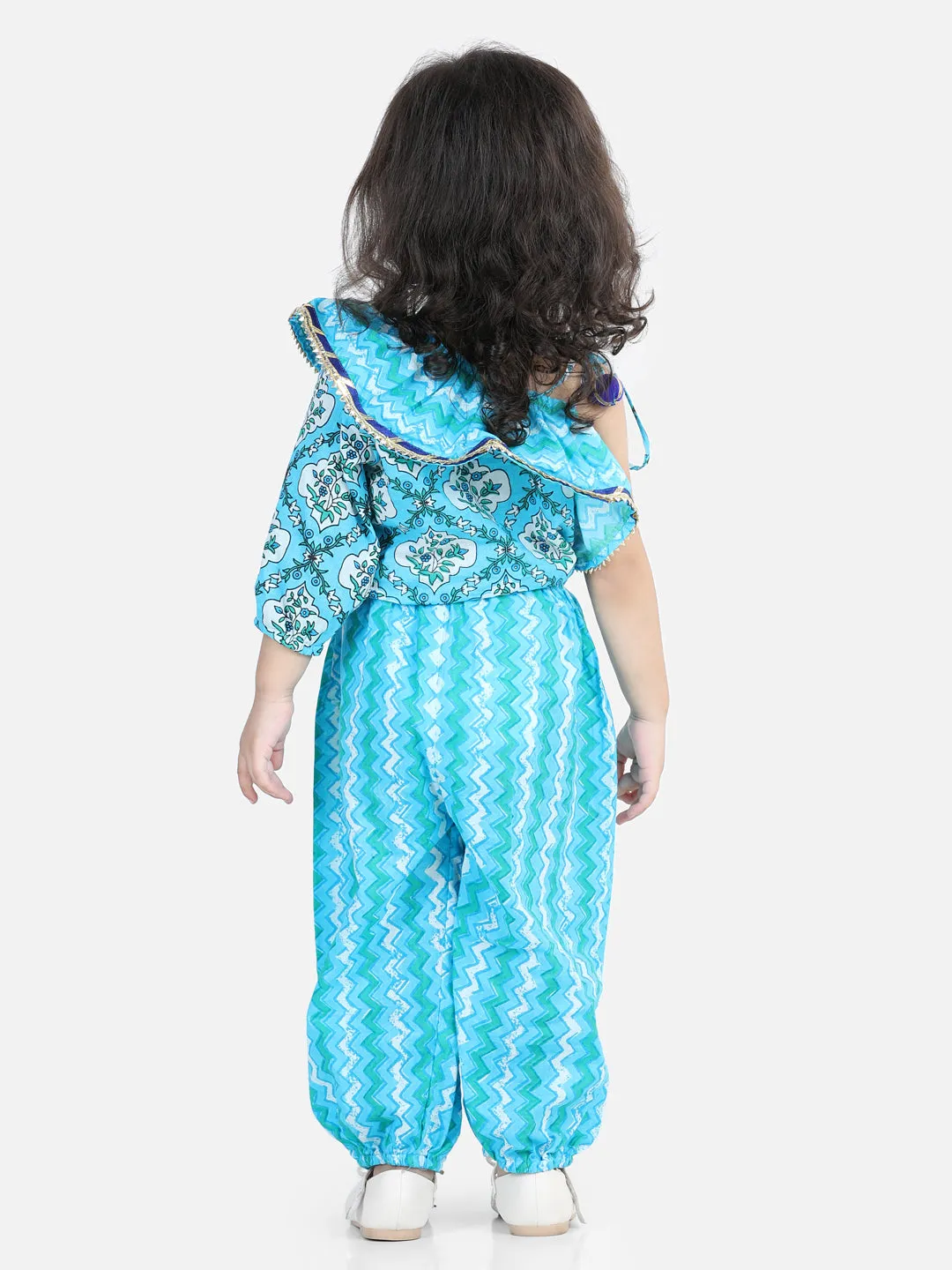 Girls Printed One Sleeve Ruffle Pure Cotton Top with Harem pant Co Ords Indo Western Clothing Sets - Blue