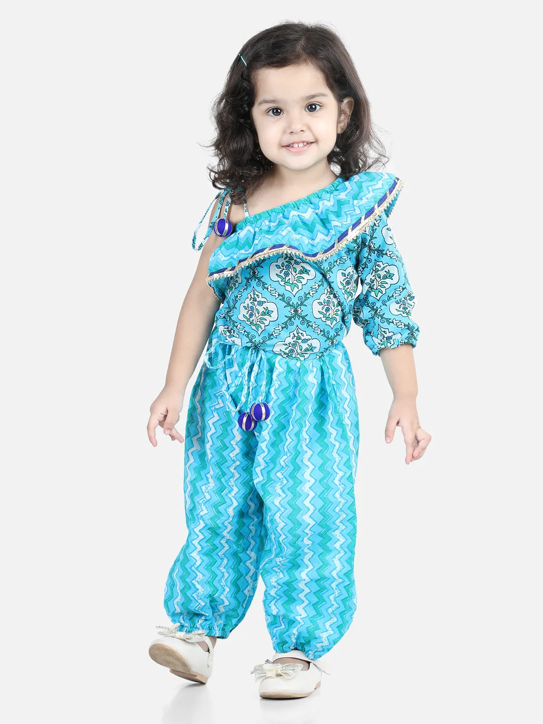 Girls Printed One Sleeve Ruffle Pure Cotton Top with Harem pant Co Ords Indo Western Clothing Sets - Blue