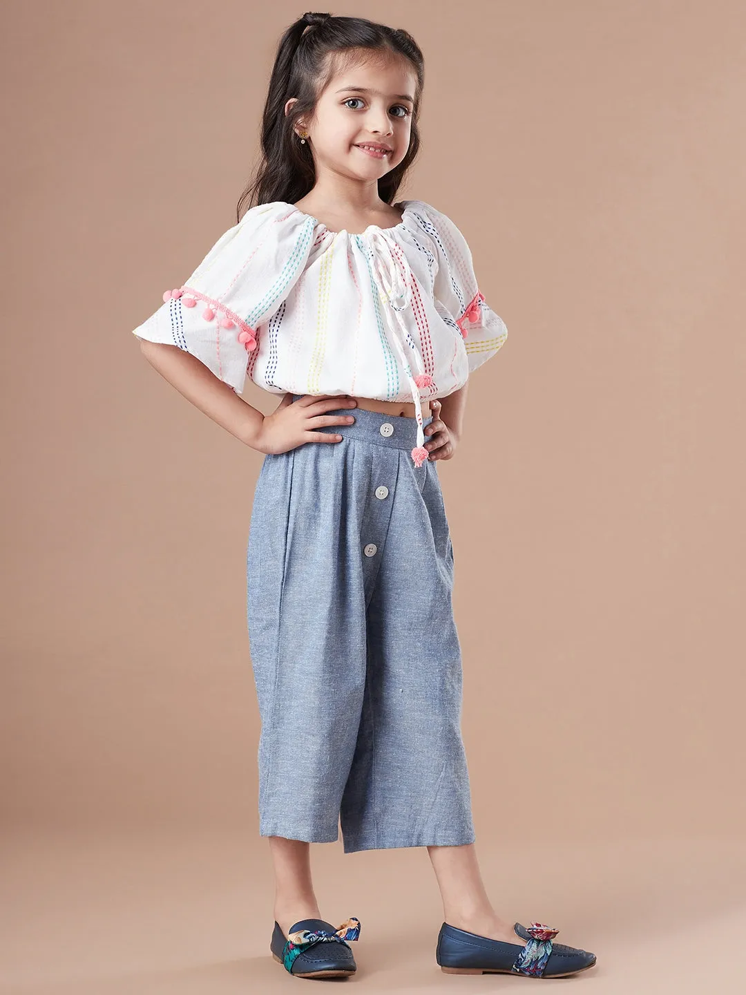 Girls Self Design Pure Cotton Crop Top With Trousers Clothing Set