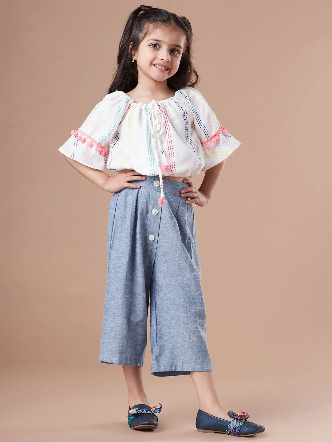 Girls Self Design Pure Cotton Crop Top With Trousers Clothing Set