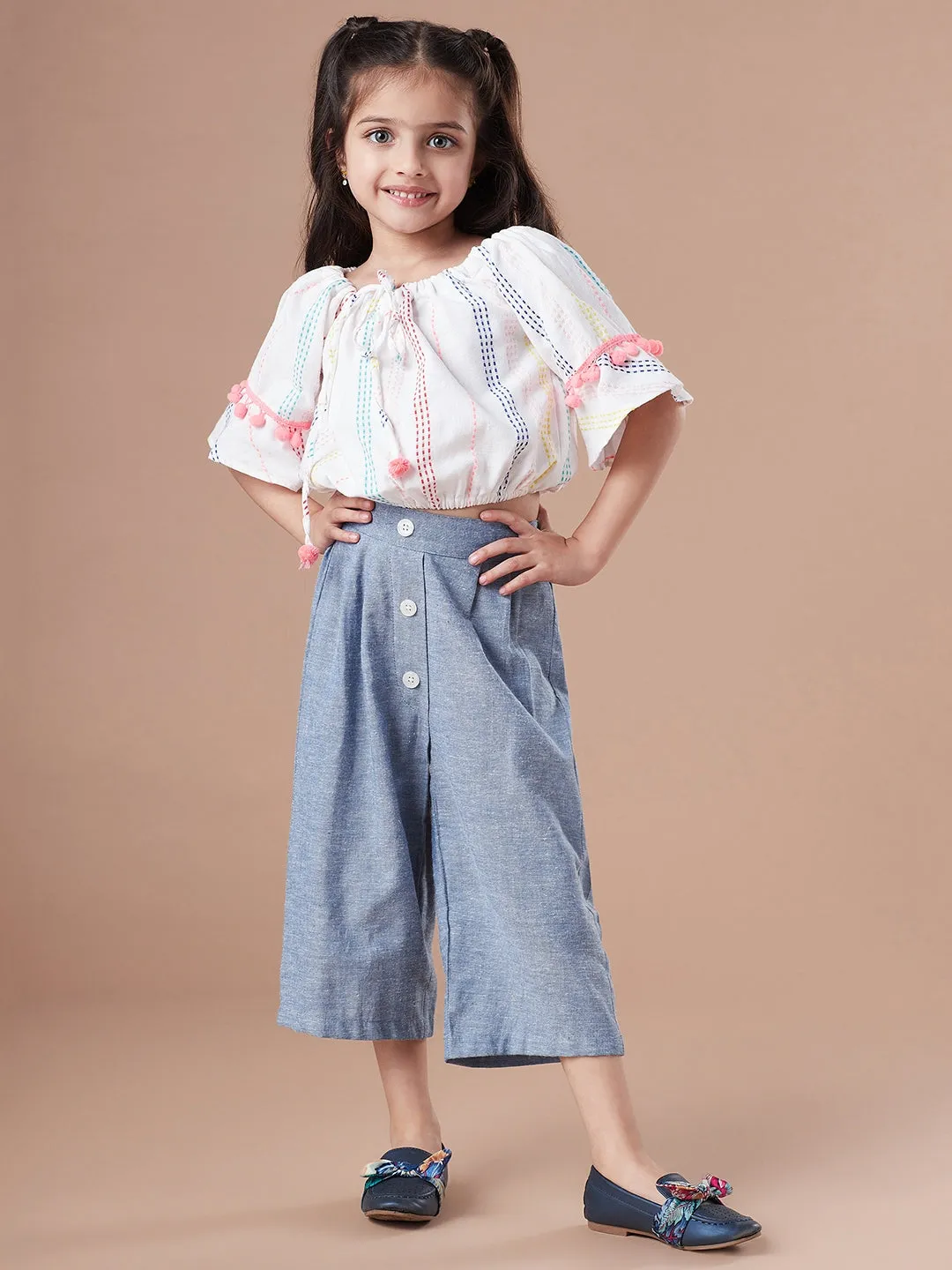 Girls Self Design Pure Cotton Crop Top With Trousers Clothing Set