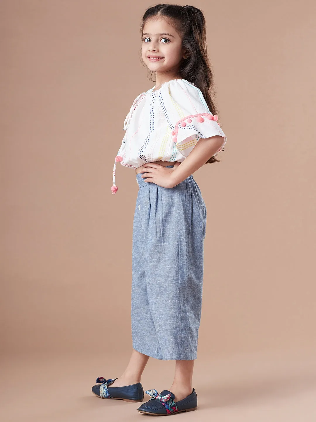 Girls Self Design Pure Cotton Crop Top With Trousers Clothing Set