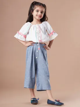 Girls Self Design Pure Cotton Crop Top With Trousers Clothing Set