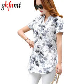 gkfnmt 2017 Women Tops XXXL Summer Style Floral Print Cotton Linen Shirts Woman Vintage Short Sleeve Blouse V-Neck Plus Size