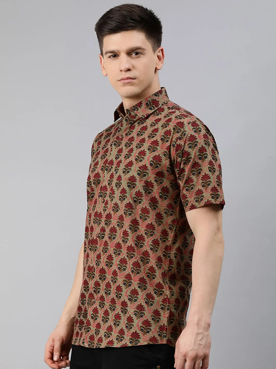 Green Cotton Short Sleeves Shirts For Men-Mmh023