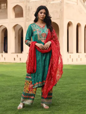 Green Ethnic Motif Printed Viscose Kurta Pant And Dupatta Set With Beads & Sequins