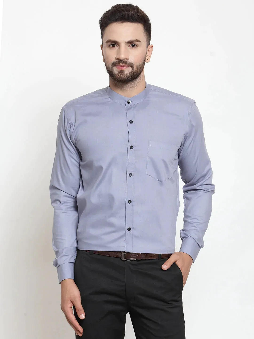 Grey Men'S Cotton Solid Mandarin Collar Formal Shirts