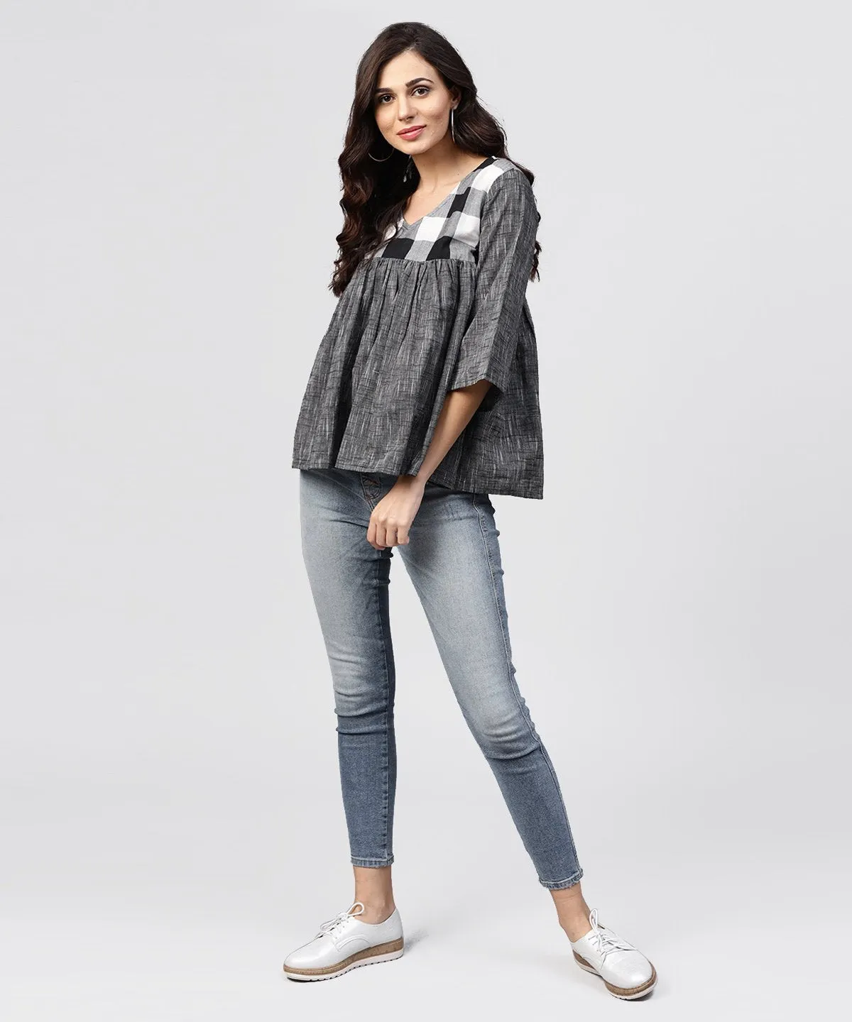 Grey Top With V-Neck And Flared Sleeves