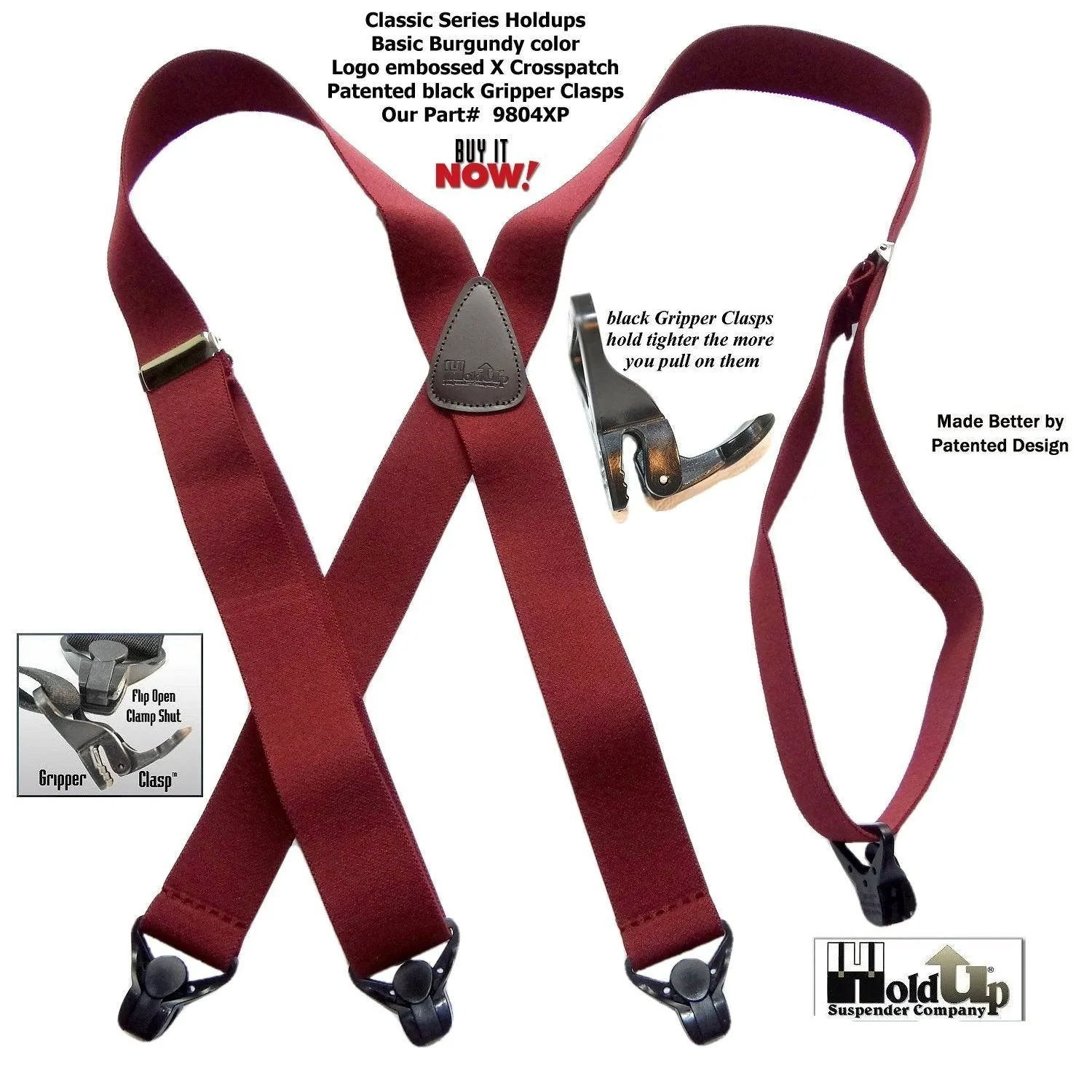 Holdup Classic Dark Burgundy Suspenders With Black Gripper Clasps in X-back Style