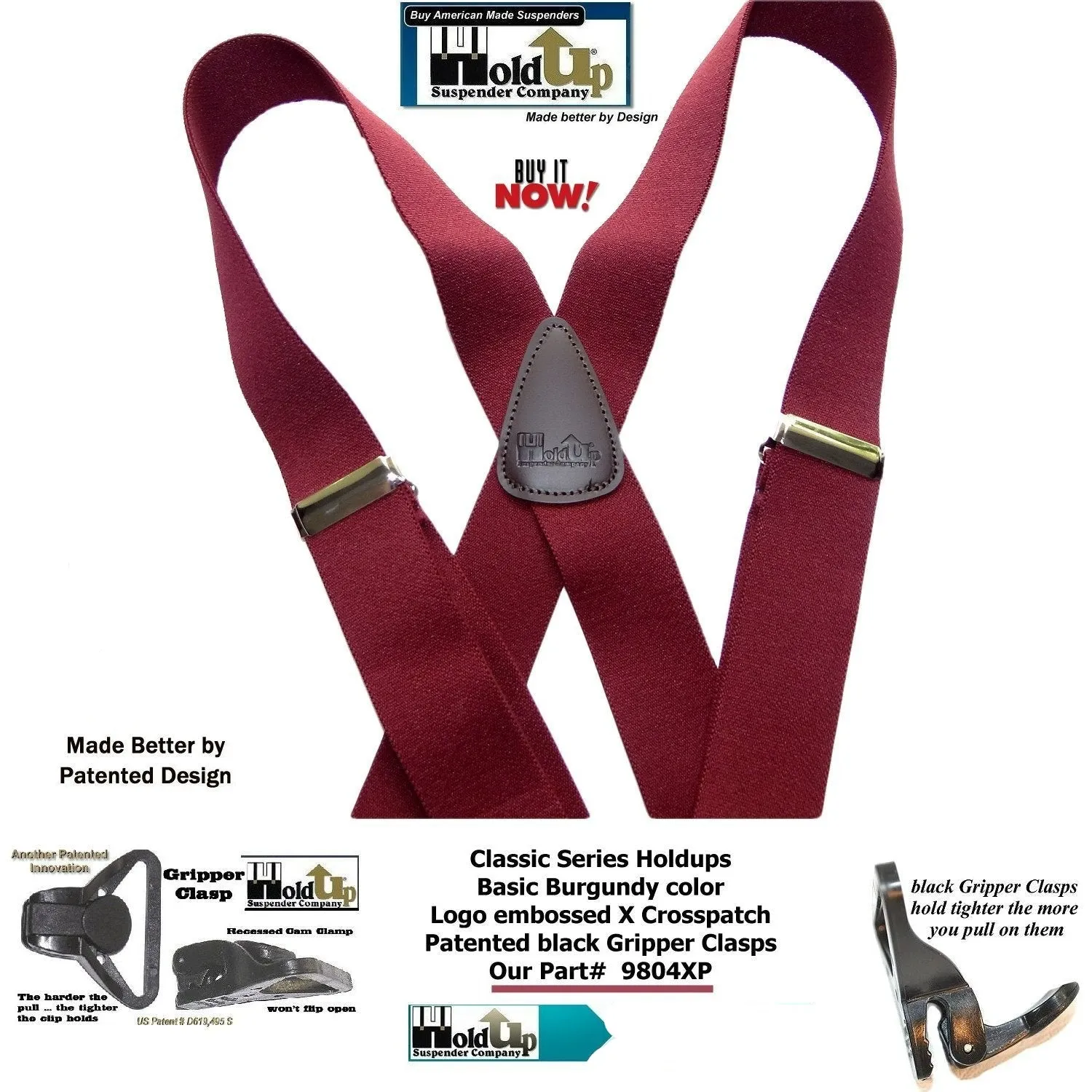 Holdup Classic Dark Burgundy Suspenders With Black Gripper Clasps in X-back Style