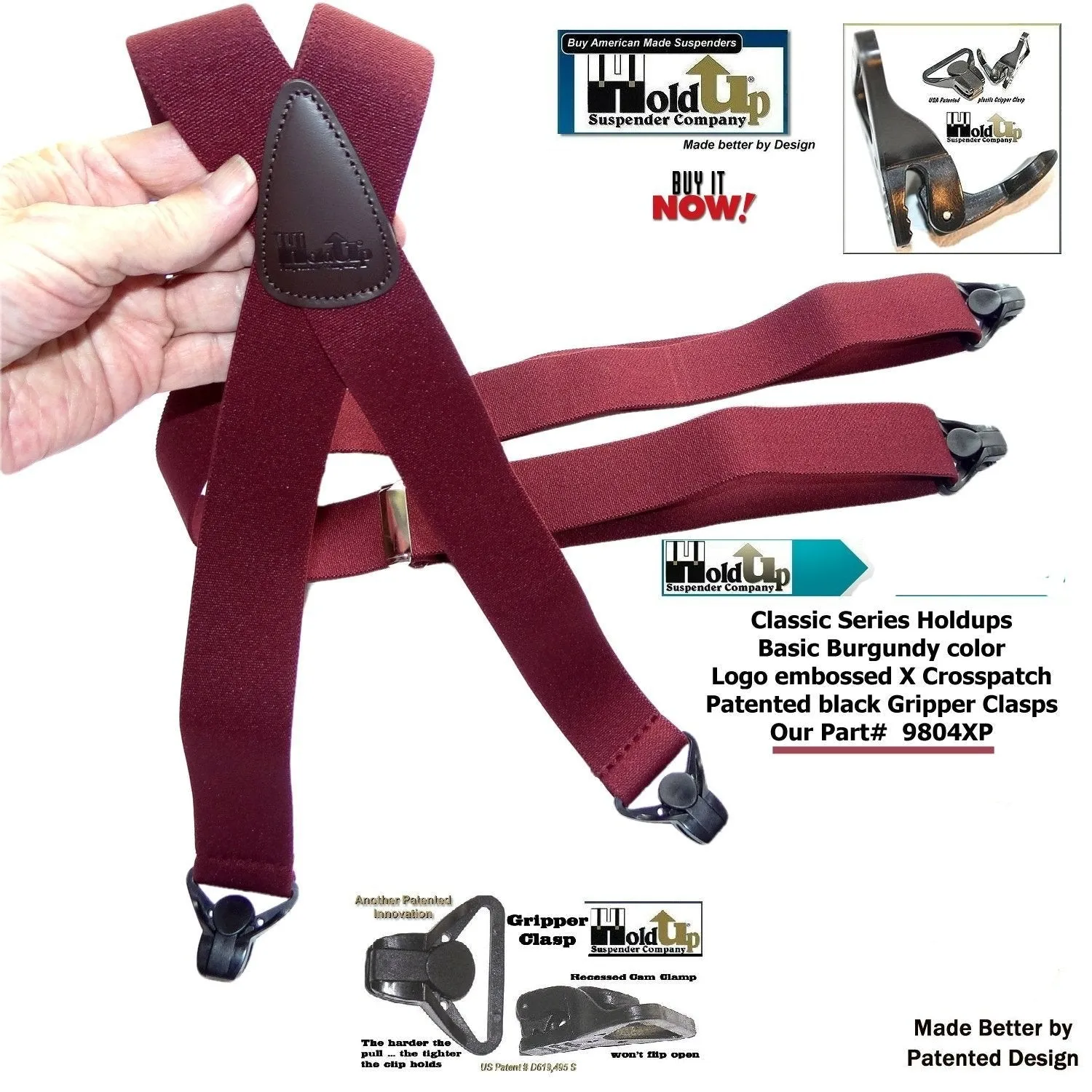 Holdup Classic Dark Burgundy Suspenders With Black Gripper Clasps in X-back Style