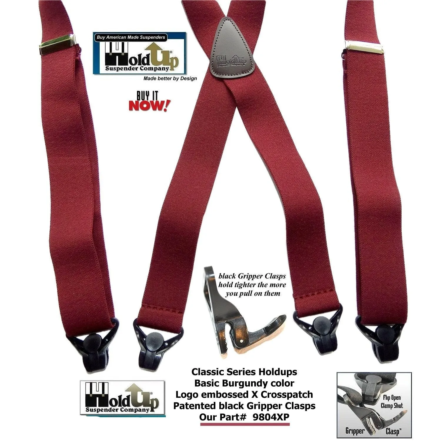 Holdup Classic Dark Burgundy Suspenders With Black Gripper Clasps in X-back Style