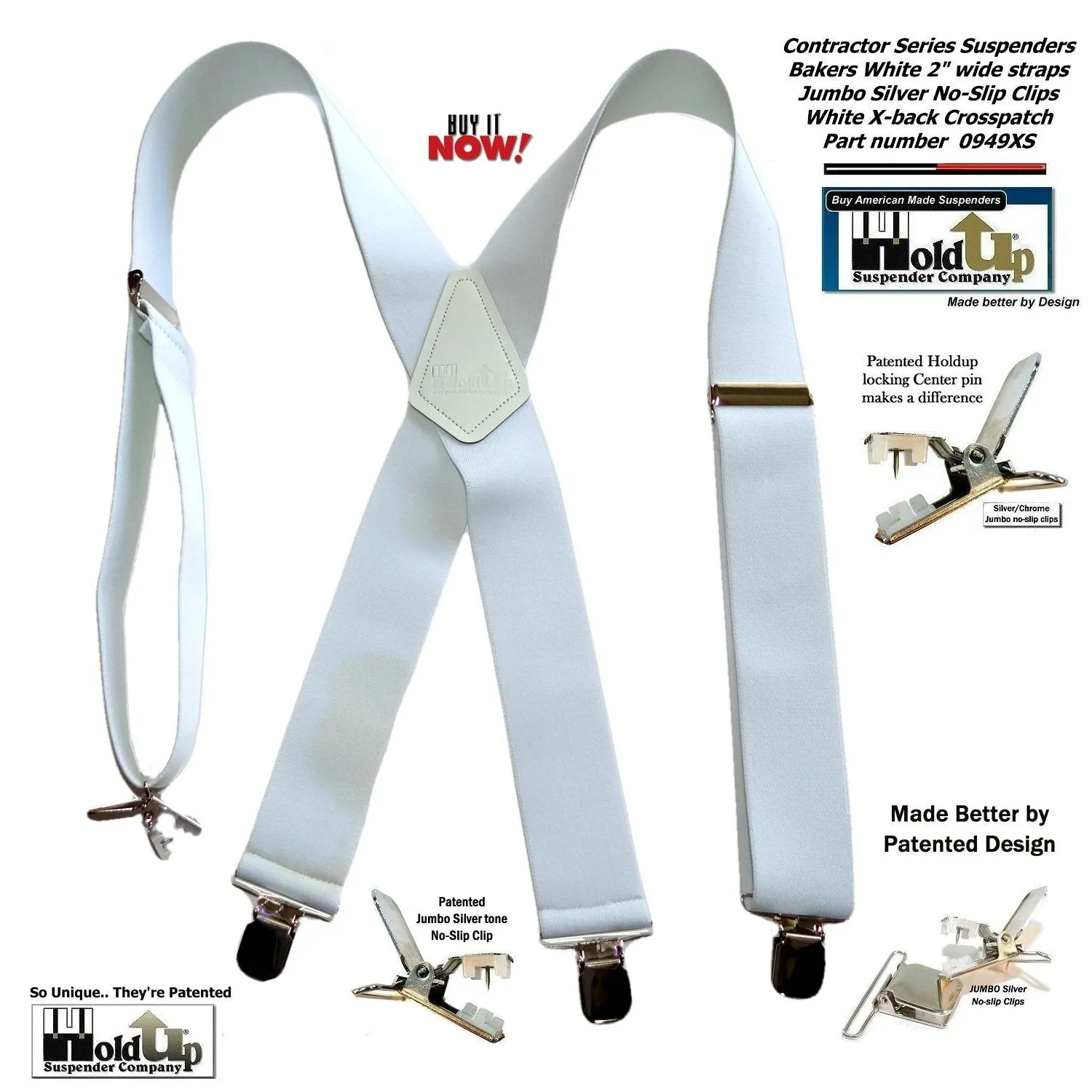 Holdup Suspender Contractor Series Bakers White 2" Wide X-back Suspenders with silver jumbo no-slip clips