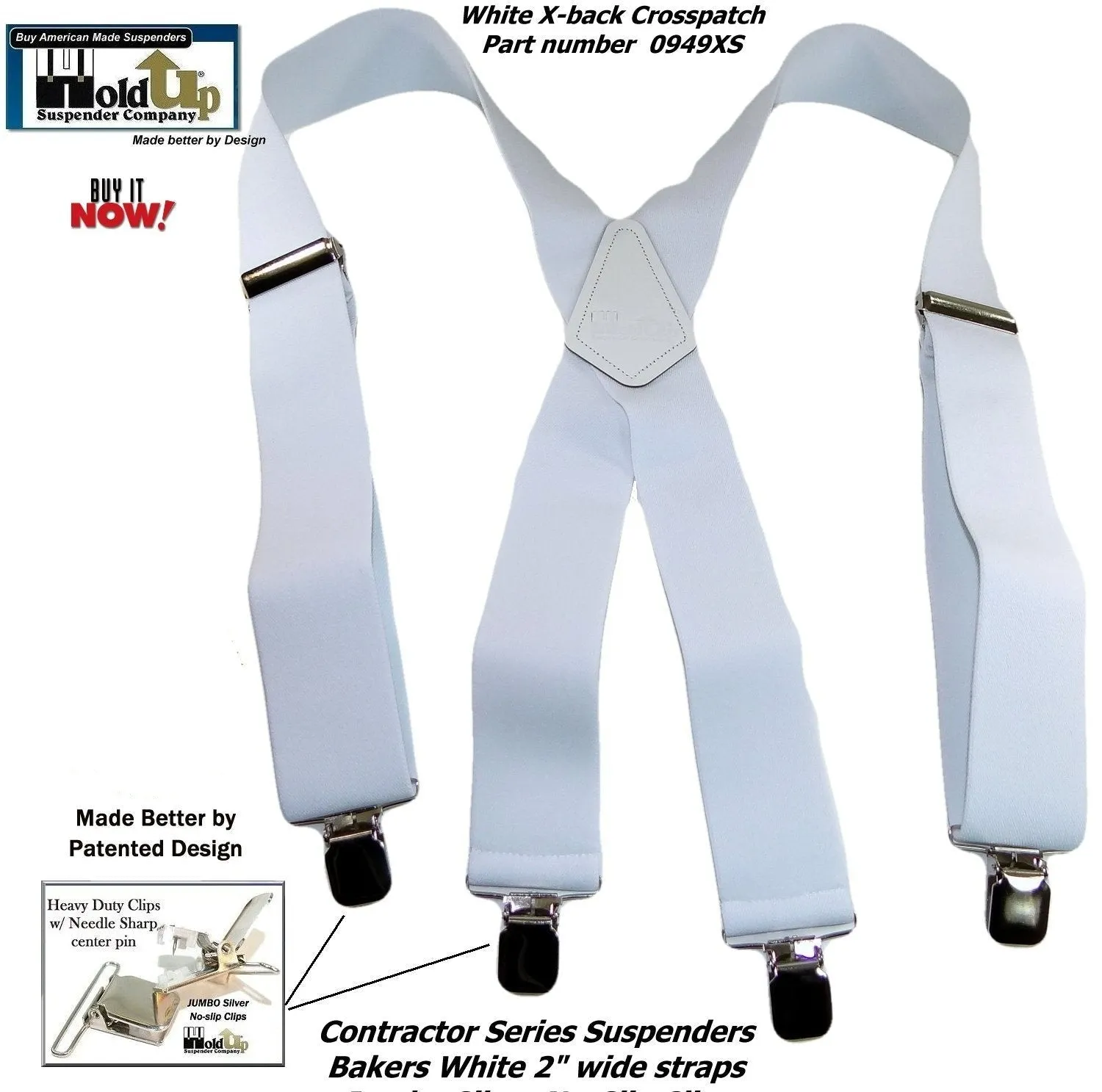 Holdup Suspender Contractor Series Bakers White 2" Wide X-back Suspenders with silver jumbo no-slip clips