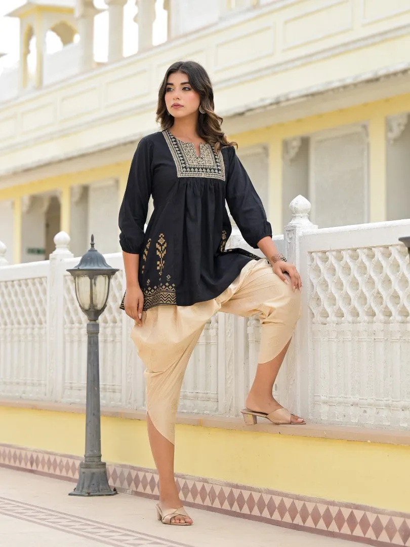 Juniper Black Ethnic Motif Printed Tunic & Dhoti Pant Co-Ord Set For Women With Zari Embroidery