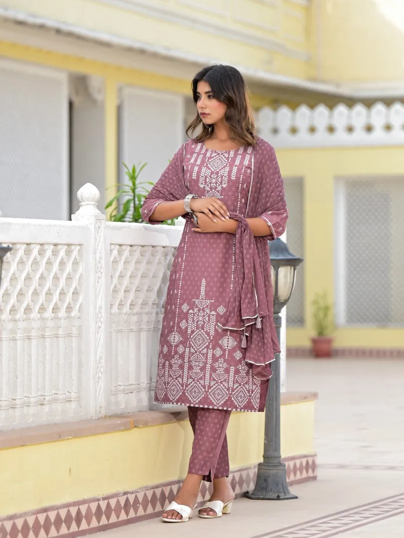 Juniper Onion Pink Ethnic Motif Printed Viscose Kurta, Pant And Dupatta Set With Gotta Patti Work