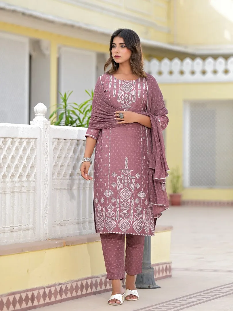 Juniper Onion Pink Ethnic Motif Printed Viscose Kurta, Pant And Dupatta Set With Gotta Patti Work