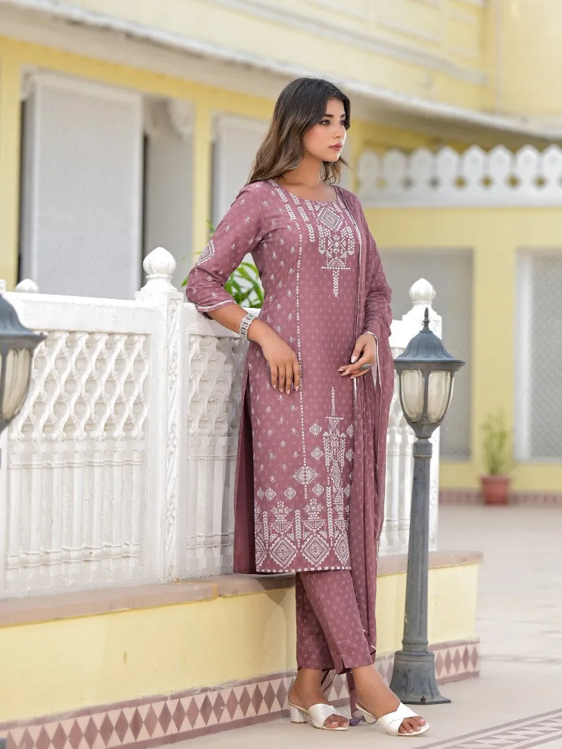 Juniper Onion Pink Ethnic Motif Printed Viscose Kurta, Pant And Dupatta Set With Gotta Patti Work