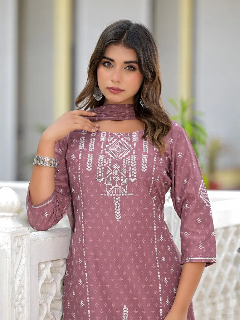 Juniper Onion Pink Ethnic Motif Printed Viscose Kurta, Pant And Dupatta Set With Gotta Patti Work